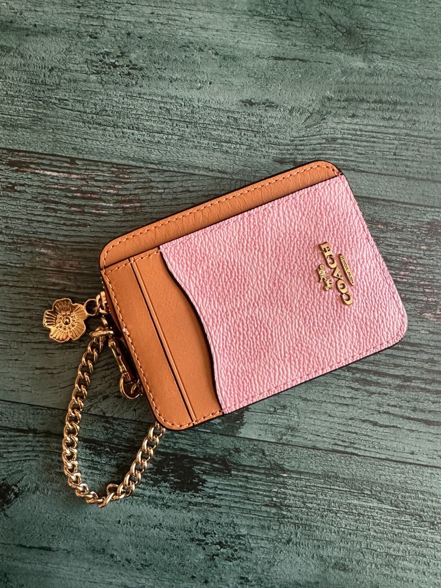 Coach CEC50 Zip Card Case Signature Canvas With Flower Charm