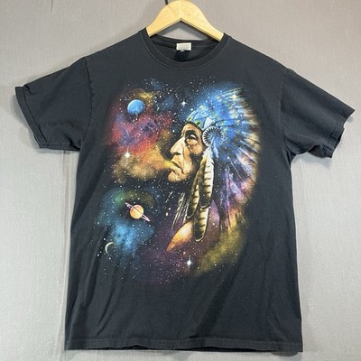 Vintage Native American Indian Chief Headdress Planets Stars Galaxy T-Shirt M