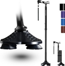 Free Standing Ergonomic Walking Cane with Pivoting Quad Base - 350 lbs Capacity