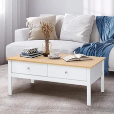 Coffee Table with 2 Storage Drawers Sofa Cafe Desk Natural White