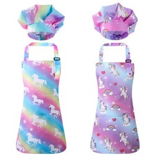 2 Pack Kids Apron and Chef Hat Adjustable Kitchen Cooking Aprons with Pockets...