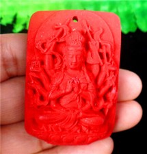 48x34x10mm Red Cinnabar Carved Avalokitesvara Oblong Pendant Bead AD67535