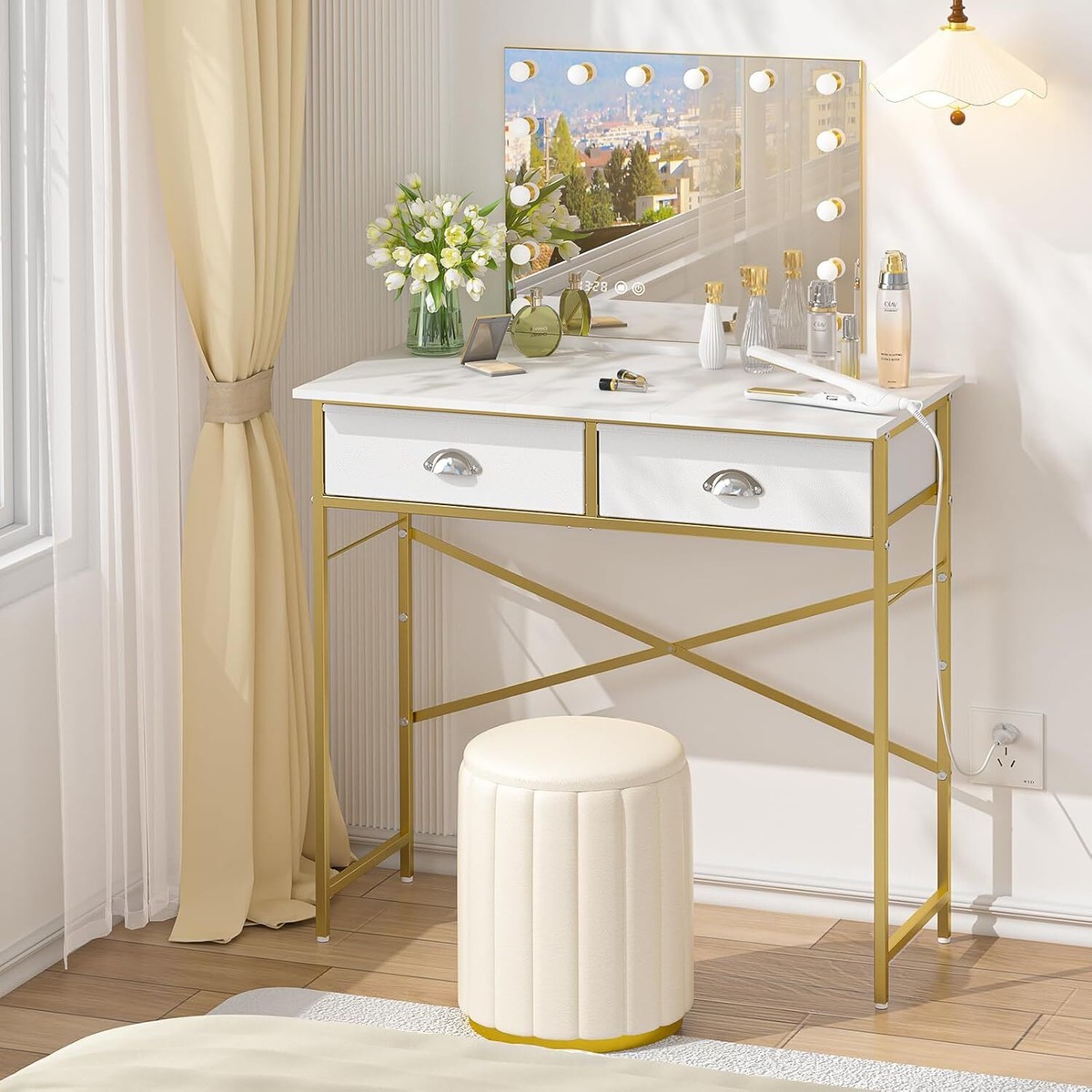 small gold dressing table Amazon.com: Tribesigns Vanity Desk with 2 Drawers, White and Gold Small  Makeup Vanity, Modern Vanity Table Dressing Desk for Women Girls Gifts  (Without Mirror) : Home & Kitchen