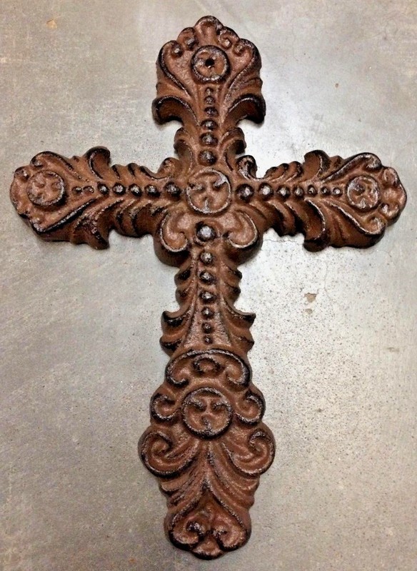 FEMININE FLEUR DE LIS CROSS, Rustic Brown Finish Cast Iron
