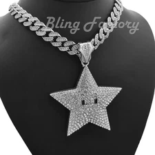 Hip Hop Mario Star Large Pendant & 16" ~ 24" Iced Cuban Box Lock Chain Necklace