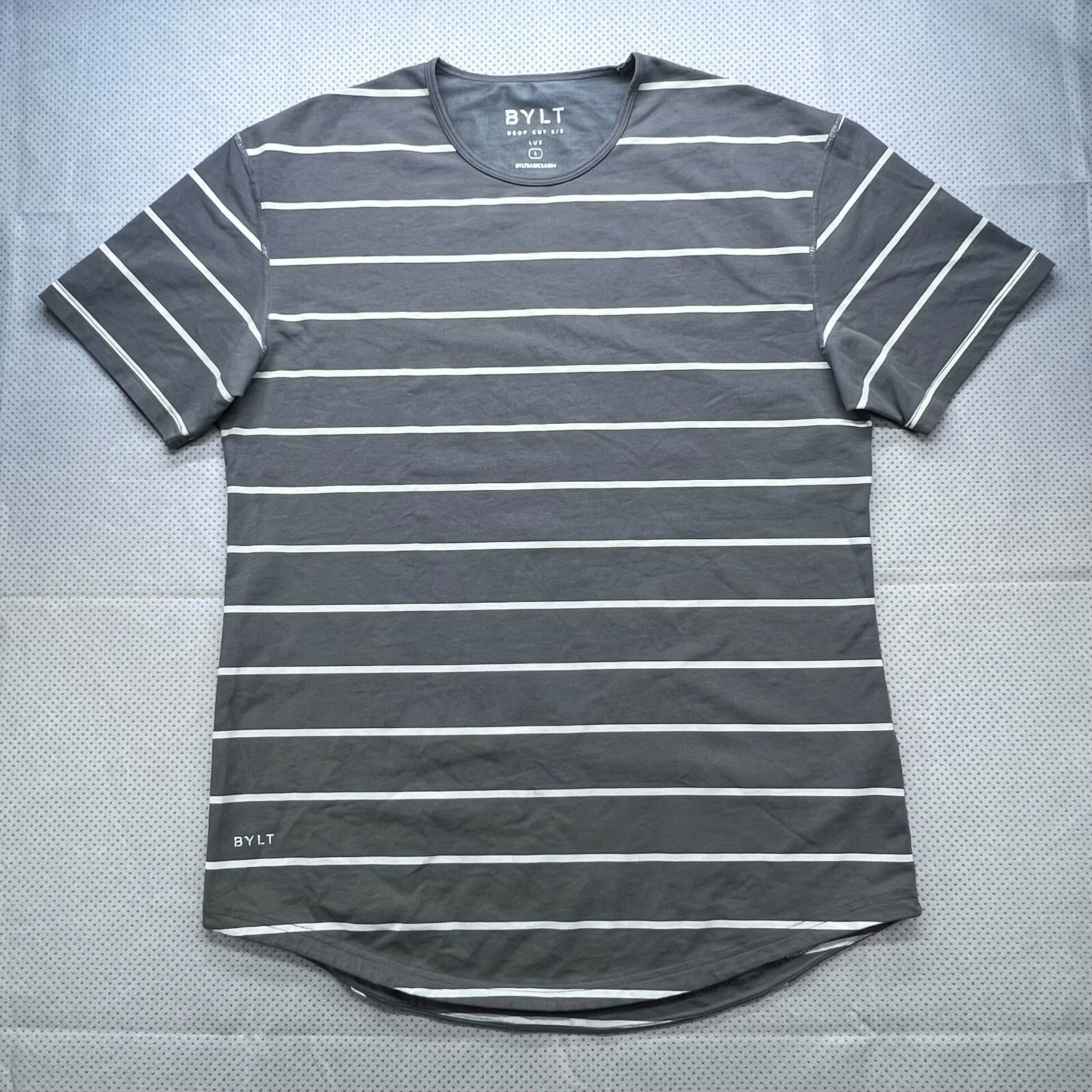 BYLT Drop Cut Lux Shirt Mens L Gray Striped Short Sleeve Stretch Performance Tee