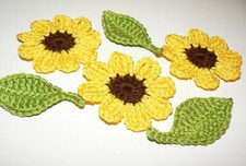 3 Häkelblumen,3 Blätter Sonnenblumen Applikation Aufnäher Blumen Tilda Landhaus