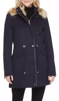 French Connection Womens Utility Blue Anorak Faux Fur Hood Coat Size M X6012