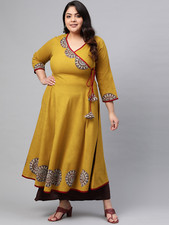 Mustard Angrakha Kurta V Neck, 3/4th Sleeves, Patch Work Perfect for Regular