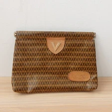 Vintage VALENTINO Bag V Logo Brown Leather Clutch Italian Purse PVC Italy MARIO