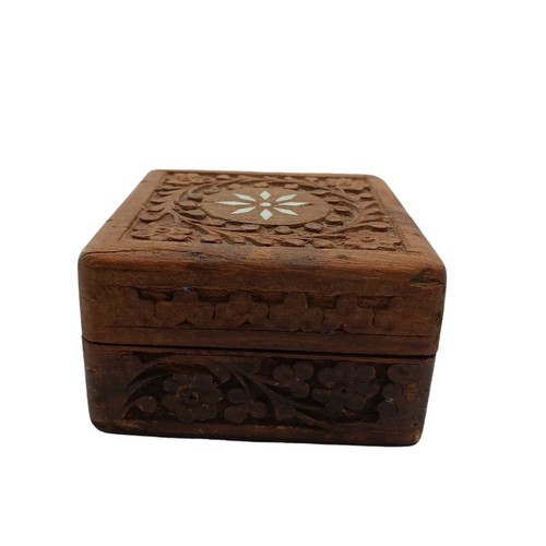 Vintage Jewelry Trinket Box Wood Shell Inlay Flower Carved Brown - Picture 2 of 4