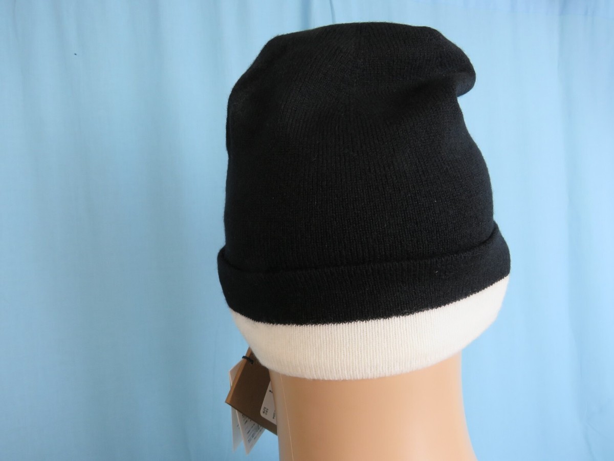 NWT BURBERRY CORE BLACK WHITE CASHMERE LETTERING LOGO BEANIE