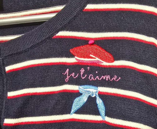 Talbots Cardigan L Button Up Parisian Stripes Je T'aime Embroidered Breathable - Picture 8 of 11
