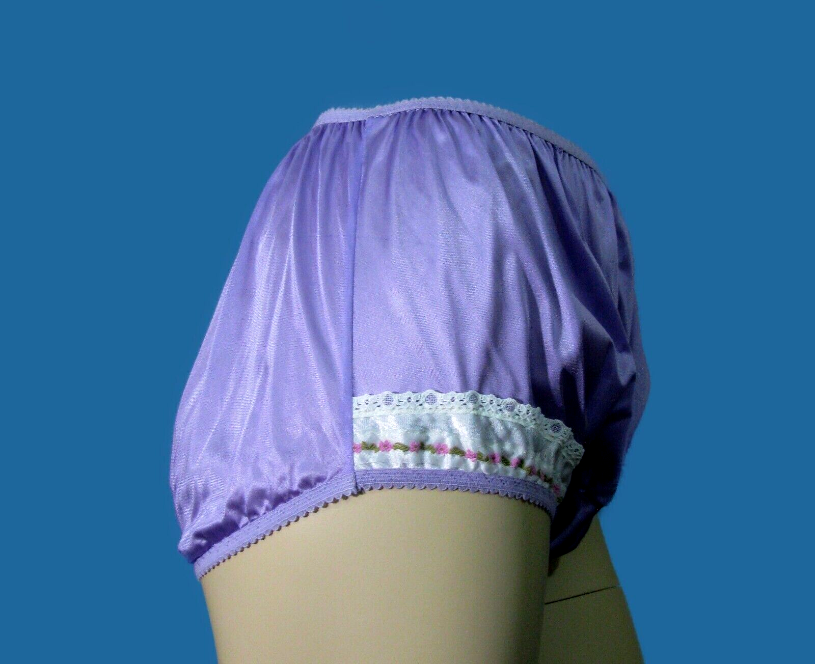 NEWCustom Made Purple Nylon Brief Panties & Wide Gusset White Lace Sz