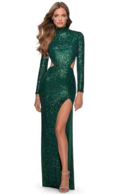 La Femme Emerald Green Sequin Long Sleeve Cutout Gown Size 14 Orig $448