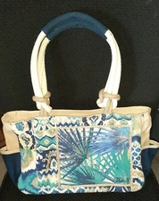 SUN 'N SAND Blue Aqua Beige Canvas Tote Handbag Beach Sequins Artist signed