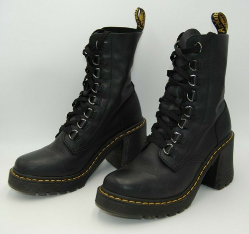 Black Leather Flared Heel Lace Up 