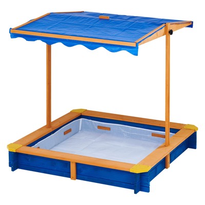 Teamson Kids Outdoor 46'' x 46'' Spruce Sand Box with Adjustable Canopy, Blue/Wood