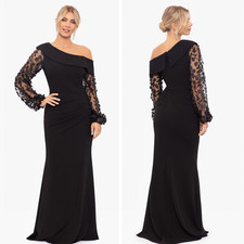 XSCAPE NWT Ariana Black Off the Shoulder Long Sleeve Scuba Crepe Dress Size 6