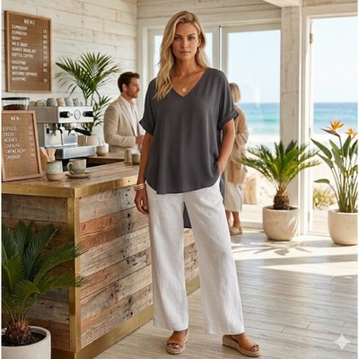 Lush Wmn V Neck Dolman Short Sleeve Cuffed Blouse Gray Flowy Sophisticated SzM
