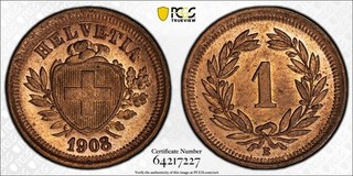 1908 B Switzerland Rappen PCGS MS65 RB