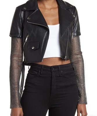 Crop Bikerjacke Schwarz Strass Mesh Ärmel Kunstleder NEU Gr. S (fällt wie XS)