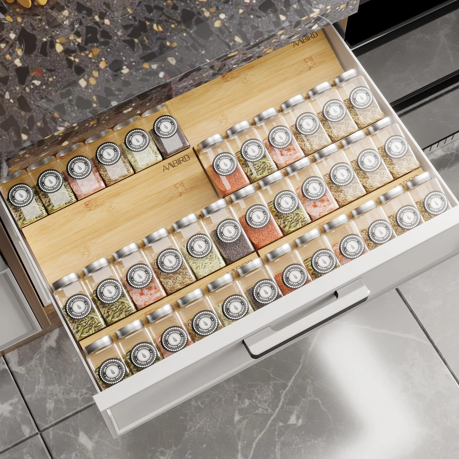 Bamboo Spice Drawer Organizer with Non-slip Mat,4 Tier - 2 Set Jar Spice Rack...