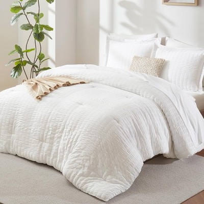 CozyLux King Size Comforter Set White, 7 Pieces Seersucker King, White