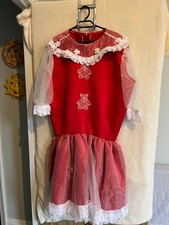 Red Frilly Dress With Teddy Bear Motifs Organza 3/4 Sleeves
