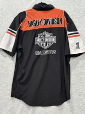 Harley Davidson Mechanic Shirt LG-Tall Black Orange Embroidered Garage Button Up