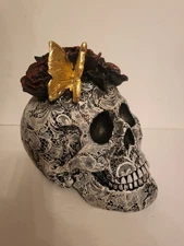 Life Size Decorative Resin Skull Floral Lace Print w/ Roses & Butterfly 8" Tall
