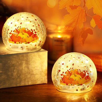 Thanksgiving Decorations Pumpkin Lights with Timer 2 PCS 3.94'' Lighted Glass Ba