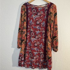 Matilda Jane boho mixed media floral print long sleeve mini dress Cottagecore