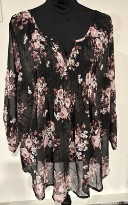 Torrid Women s Tunic Long Sleeve Black Rose Print Sheer Blouse Torrid Size 1