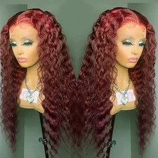 13x4 Deep Wave Lace Front Wigs Wine Red Color Women Long Curly Hair Pre Plucked