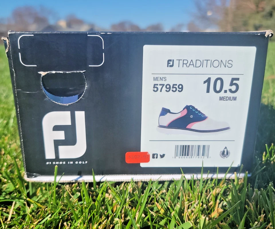 Zapatos de golf FootJoy Traditions 10,5 medianos para hombre - blancos/azules/rosa nuevos con caja Foto 3 de 4
