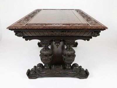 Antique George C Flint Co Library Table Renaissance Revival Carved Oak Man Heads