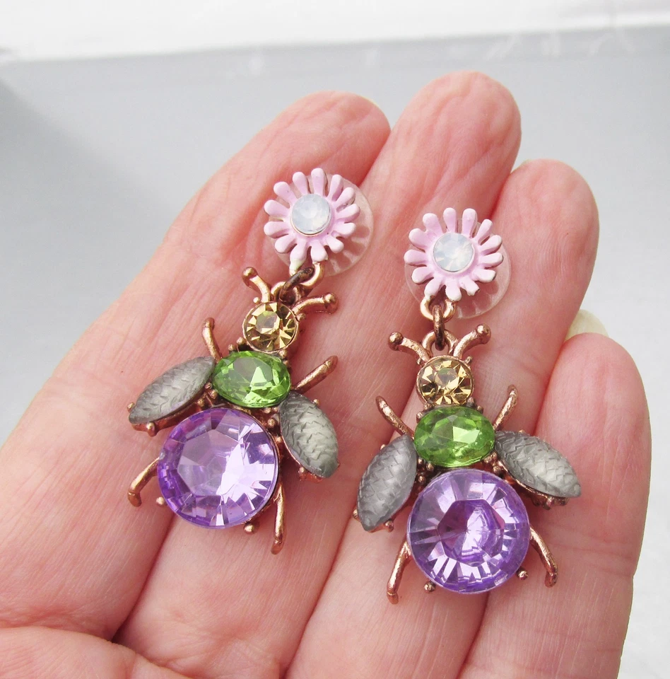 Pendientes colgantes Betsey Johnson PRIMAVERA FLING insecto mosca abeja lavanda estrás Foto 3 de 4
