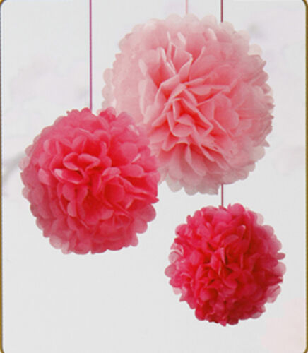 3 x PINK paper hanging decorations Fluffy Pom Poms FREE P&P. - Picture 1 of 6