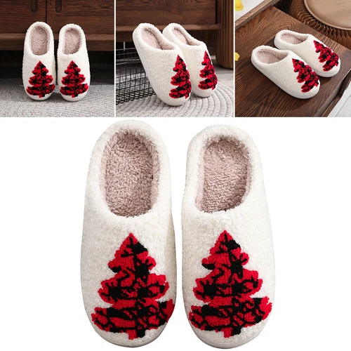 C# Women Men Breathable Bedroom Slippers Non-Slip Christmas Tree Cotton Slippers