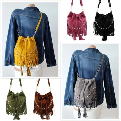 MADE IN ITALY ITALY ★ WILDLEDER FRANSEN NIETEN LEDERTASCHE SCHULTERTASCHE UMHÄNGETASCHE QUASTE