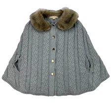 HOPE & HENRY Girls Sweater Poncho Cape M 7/8 Knit Shawl Faux Fur Collar Dressy