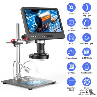 TOMLOV DM602 Pro 10.1'' HDMI Digital Coin Microscope 2000x Pro Boom Arm Stand LCD
