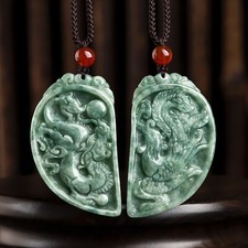 Natural Grade A Jade Jadeite Couple Green Dragon Phoenix Half Circle Pendant