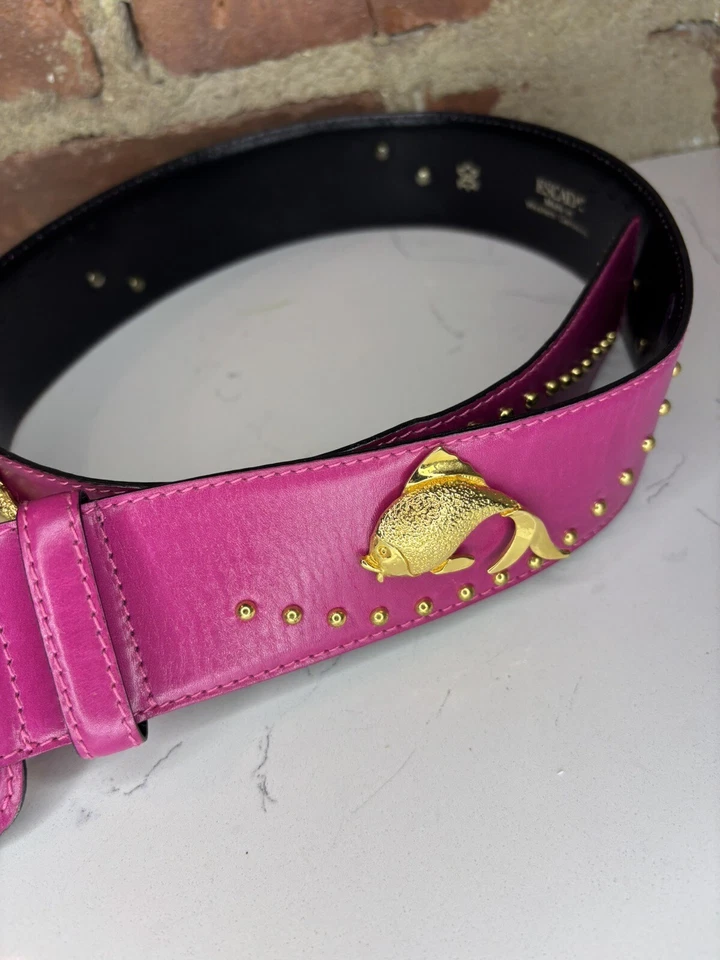 Cinturón vintage años 80 ESCADA cuero rosa y oro tachonado PEZ 32 pulgadas adornado Foto 3 de 4