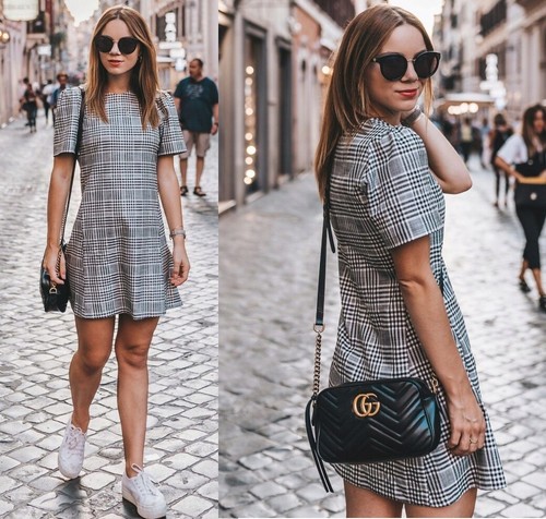 black Checked Flared Mini Short Dress 