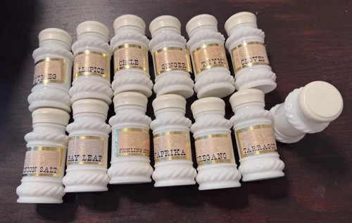 Vintage Hazel Atlas Set Of 13 Milk Glass Spice Jars, Rose Design Original Labels