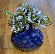 Vintage French Glass Seed Beaded Flowers w/Double Flower Head  2 Leaves 8pc Lot