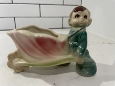 Vintage Shawnee Pottery, Pixie Elf Boy Planter, Pushing Flower Leaf Wheelbarrow