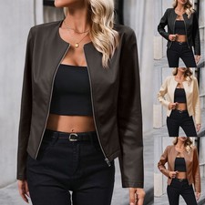 Ladies Womens FAUX Leather Long Sleeve Zipper Coat Jacket Blazer Bomber Tops UK